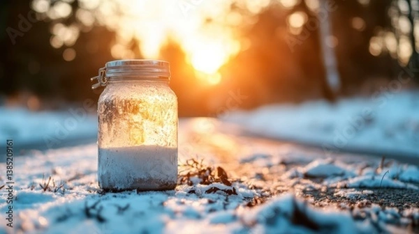 Fototapeta A charming jar filled with milk sits on a snow-covered pathway, illuminated by the warm hues of a sunset, symbolizing the beauty of simplicity and the transition between seasons.