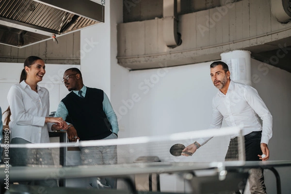 Fototapeta A group of multicultural business workers taking a break at work to play table tennis. They are laughing and enjoying their time together in an office setting, fostering teamwork and relaxation.