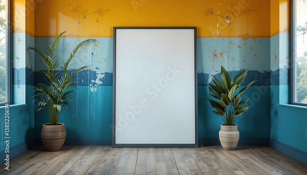 Fototapeta A bold retro-modern space with layered ink-splash color walls, showcasing a framed poster mockup in a minimalist white frame with a striking black edge.