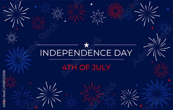 Fototapeta 4th of July Happy Independence day Banner. Template with text and fireworks on dark blue Background for Banner, Card. Vector illustration.