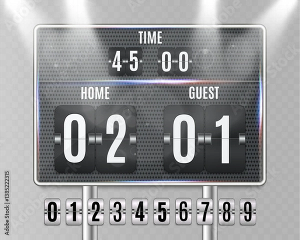 Fototapeta Scoreboard with flip numbers displaying time, score, and countdown in a modern metallic style. Includes numbers from 0 to 9 in flipping format.	