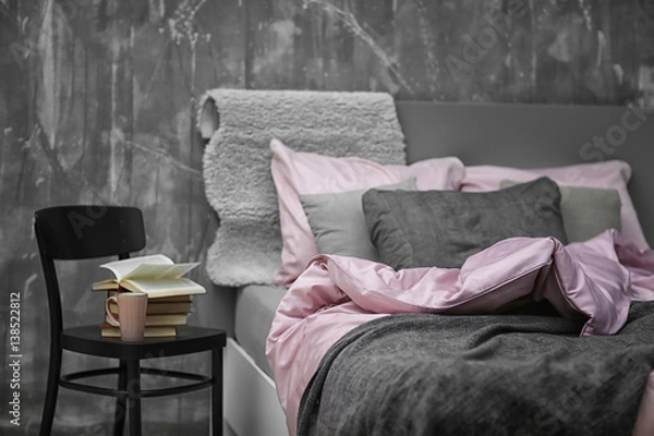 Obraz Interior of modern bedroom with cozy double bed