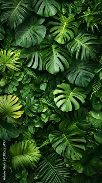 Fototapeta Jungle's Embrace: Captivating shot showcasing the rich textures of oversized monstera leaves and diverse tropical foliage, creating an immersive green wall backdrop, symbolizing growth and vitality.