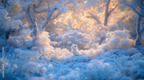 Fototapeta Snowy forest scene with small white rabbit