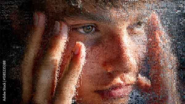 Obraz Quantum empathy translator converting emotional states into visible data signatures, hand movements interpreting feeling-algorithms across species and synthetic beings  