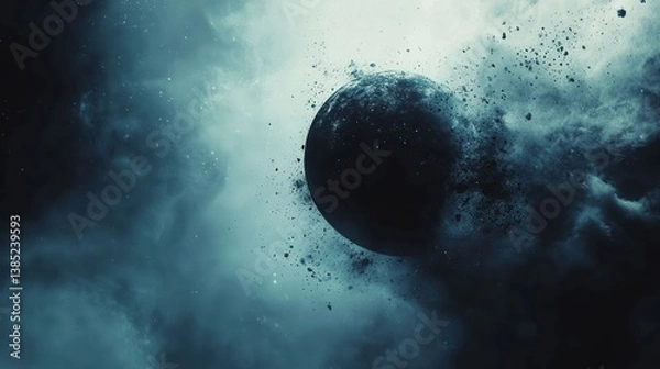 Fototapeta Dark planet disintegrating in space, cosmic dust and nebula.