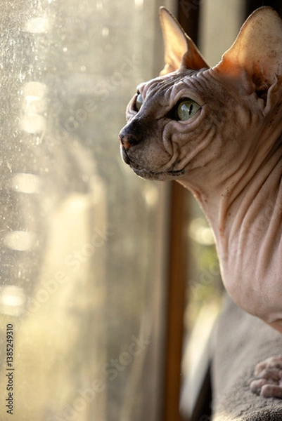 Fototapeta Sphynx cat gazes out the window in warm afternoon light