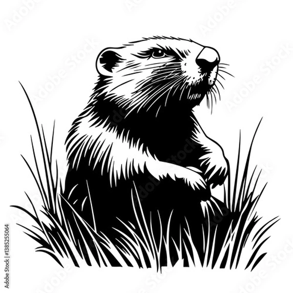 Fototapeta Stylized black vector representation of a groundhog standing in a natural pose with its front paws raised, showcasing fine detailing in the fur and grass