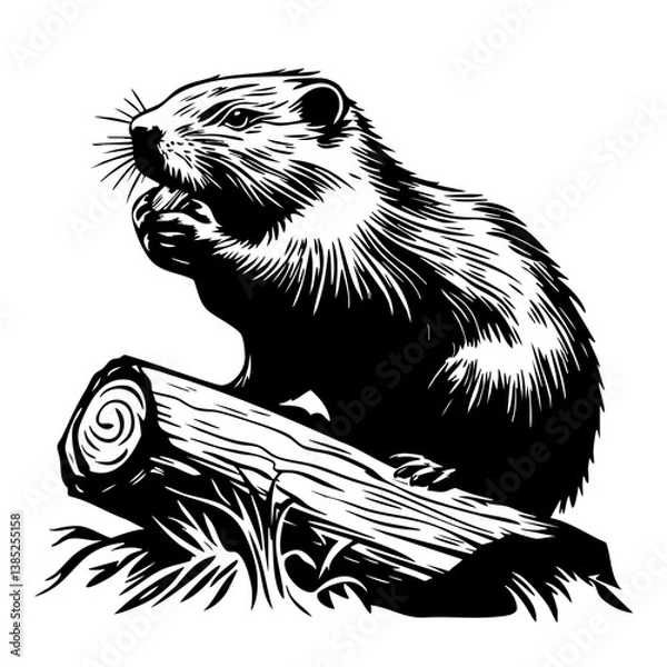 Obraz Black vector illustration of a beaver sitting on a log, enjoying its snack, showcasing detailed fur and a natural pose in a stylized design