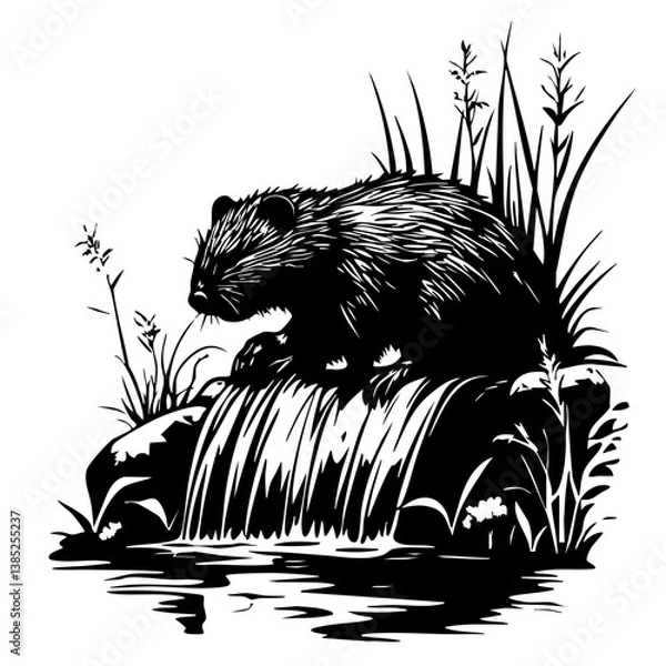 Obraz Detailed black vector design of a beaver by a gentle stream with lush grass and plants, showcasing its natural habitat at dawn or dusk, emphasizing wildlife serenity and natural beauty