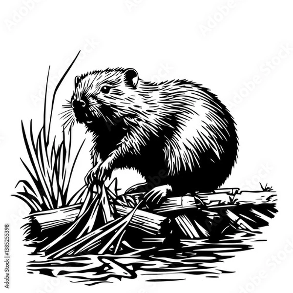 Obraz Black vector illustration of a beaver standing on logs near water surrounded by grass during a tranquil moment in nature