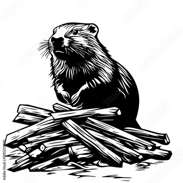 Obraz Beaver standing proudly on a collection of wooden logs, showcasing its natural habitat and industrious behavior in a wilderness setting