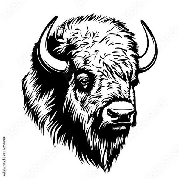 Obraz Detailed illustration of a bison head showcasing strong facial features with prominent horns, capturing the essence of wildlife and natural strength