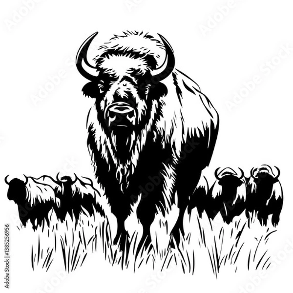 Obraz Bison herd grazing in a meadow with a prominent bull leading the group captured as black vector silhouettes emphasizing their impressive stature and natural form