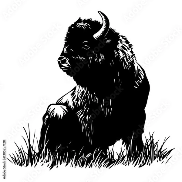 Obraz Majestic black vector illustration of a bison sitting peacefully in tall grass during daylight hours showcasing its natural grace and strength