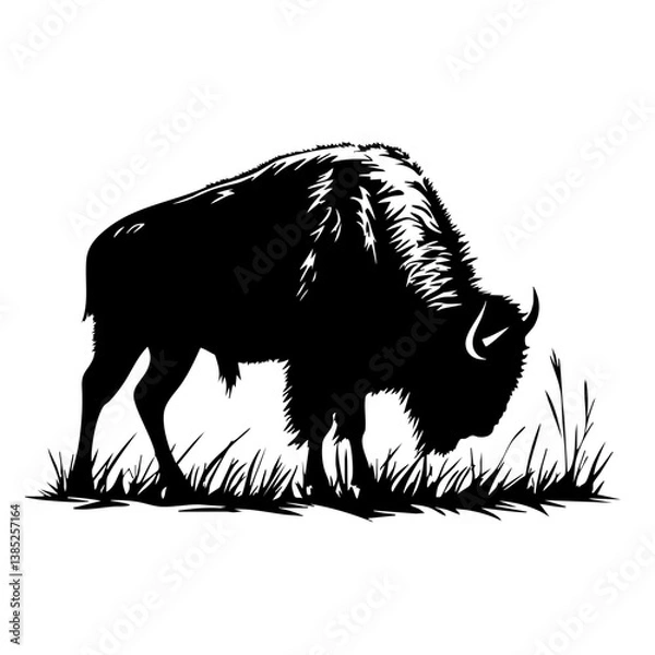 Obraz Black vector design of a bison grazing in a grassy field, highlighting the animal's detailed silhouette and unique features during a serene moment in nature