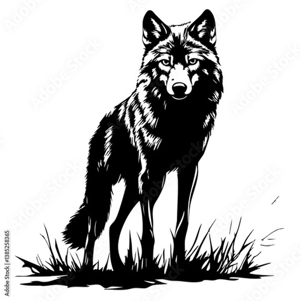 Obraz Black vector design of a standing wolf illustrating strength and focus by showcasing detailed fur patterns and intense expression during twilight in a natural setting