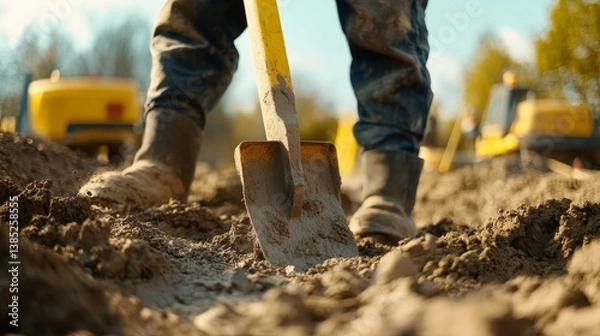Obraz A construction worker digging foundations at a building site. Featuring effort and focus