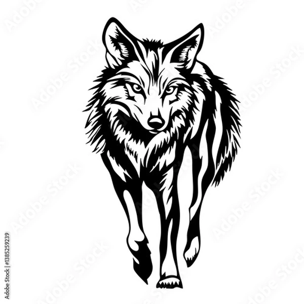 Obraz Stylized black vector design of a wolf walking, showcasing intricate fur details and a fierce expression, perfect for various artistic and branding purposes