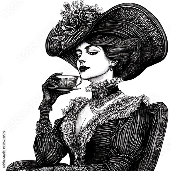 Fototapeta Elegant Victorian Lady Enjoying Afternoon Tea A Monochrome Illustration.