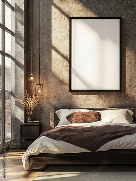 Fototapeta 
a detroit themed contemporary bedroom scene, sunlight coming from nearby window, modern furniture. focus of the photo is a black A1 frame on the wall, the frame has a blank white print