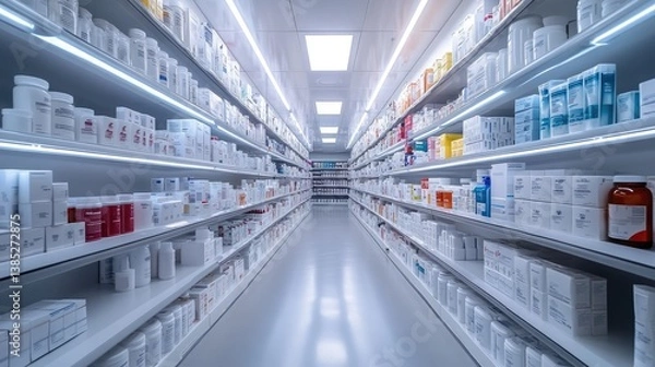 Obraz A modern, well-lit pharmacy aisle showcasing an extensive selection of health and beauty products in organized shelves
