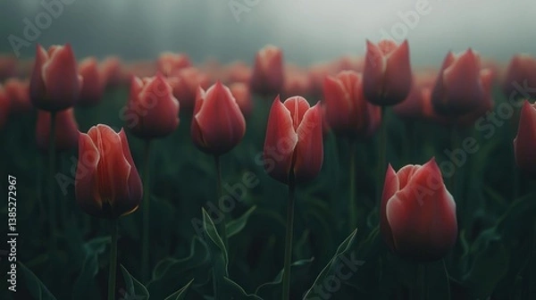 Fototapeta Misty sunrise over a field of red tulips.