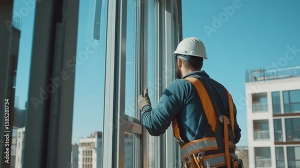 Obraz A construction worker fitting windows at a building site. Featuring precision and attention to detail