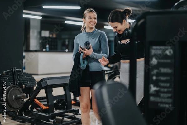 Obraz Two women in fitness attire share a laugh and chat while working out in a modern gym setting surrounded by gym equipment.