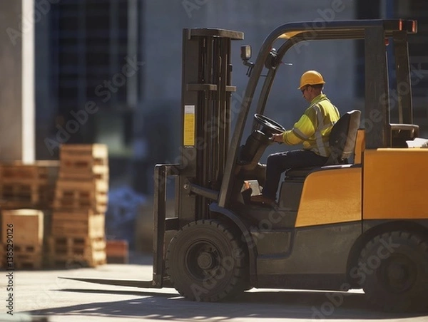 Fototapeta A construction worker guiding a forklift at a job site. Featuring coordination and focus