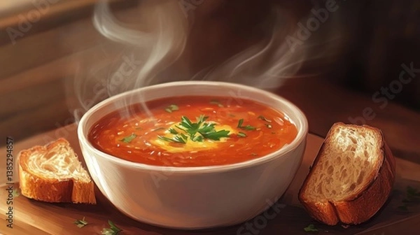 Fototapeta A steaming bowl of creamy tomato soup with a grilled cheese sandwich dunked beside it, served in a cozy kitchen setting