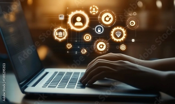 Fototapeta Close-up view of a hand typing on a laptop with digital icons representing technology and modern communication : Generative AI