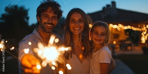 Fototapeta Blue hour backyard family celebration with sparkler hand, Generative AI