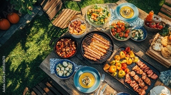 Fototapeta Ultimate BBQ Feast  Grilled Meat and Fresh Sides in a Summer Garden