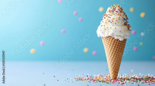 Fototapeta Vibrant Ice Cream Delight  Waffle Cone with Colorful Sprinkles on beautiful background
