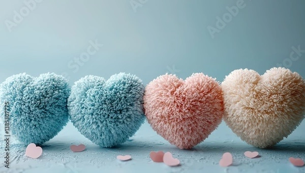 Fototapeta Cute, pastel-colored, heart-shaped fur balls on a blue background, with copy space available. 