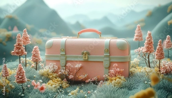 Fototapeta Cute suitcase-shaped landscape background with trees and hills