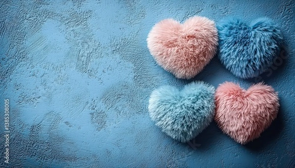 Fototapeta Cute, pastel-colored, heart-shaped fur balls on a blue background, with copy space available. 
