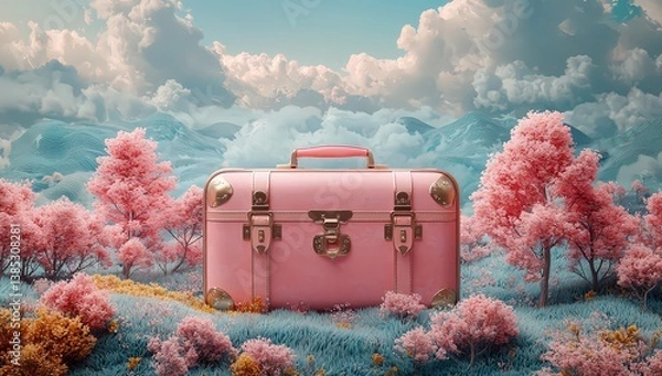 Fototapeta Cute suitcase-shaped landscape background with trees and hills, simple pastel colors