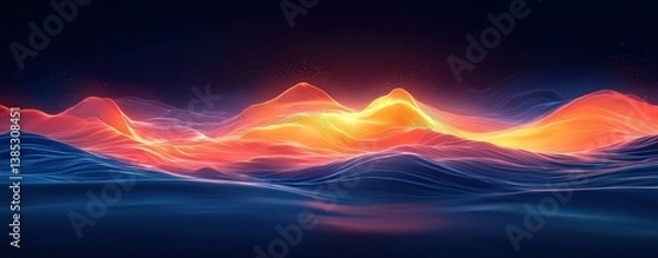 Fototapeta Dark background, glowing light line in the middle of the image, blue and orange gradient, futuristic abstract 
