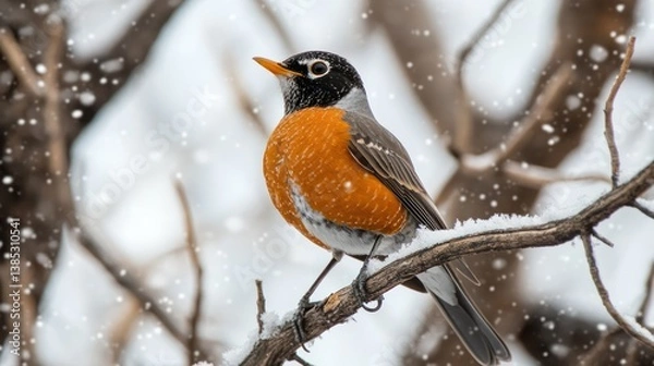 Fototapeta American Robin in Snowfall on Branch
