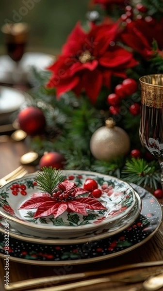 Fototapeta Christmas Table Setting with Red Poinsettia