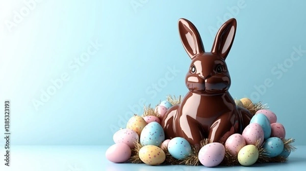 Fototapeta Minimalist Easter composition featuring glossy chocolate bunny with colorful eggs soft lighting pastel tones high resolution textures created with Generative AI technology
