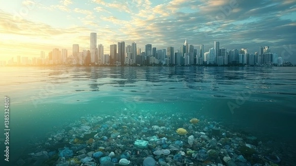 Fototapeta Urban Sprawl and Ocean Pollution: A Bleak Reflection of our Future