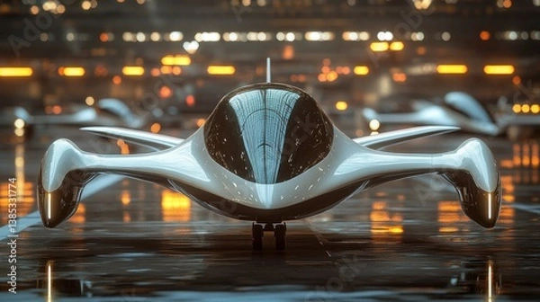 Fototapeta Futuristic Flying Vehicle on a Wet Runway at Night