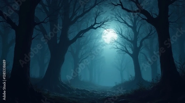 Fototapeta Mysterious moonlight filtering through a dense forest, creating an ethereal atmosphere