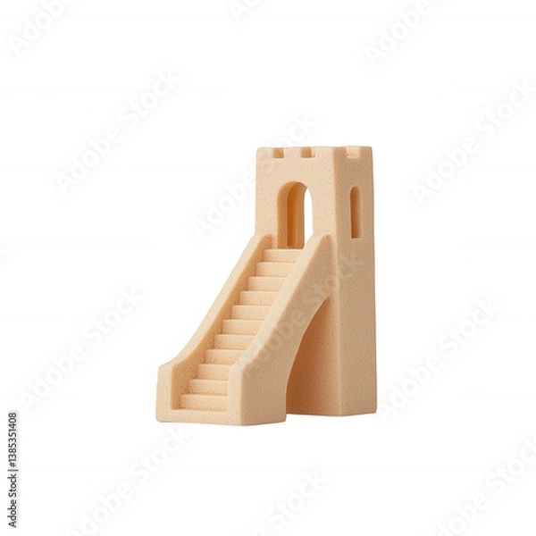 Obraz A minimalist plastic castle tower with stairs on a white isolated background, ideal for design projects and creative concepts.