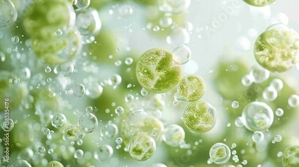 Fototapeta A microscopic view of green microorganisms suspended in bubbles, creating a vibrant, dynamic visual of life and movement in a fluid environment.