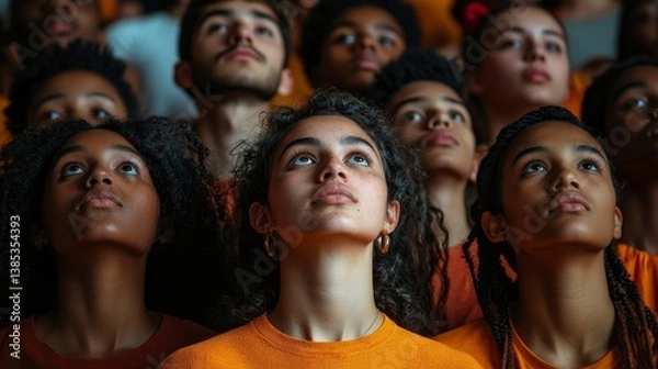 Fototapeta large group of diverse young people looking up hopefully, Generative AI