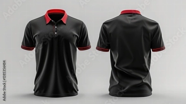 Fototapeta A stylish black polo shirt with red accents, featuring a button-up collar and a modern, sleek design, displayed from the front and back.